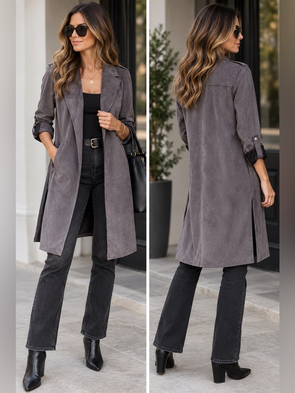 🔹 Tahari Suede Texture Longline Jacket / Trench – XS